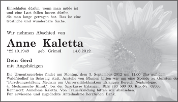Traueranzeige von Anne Kaletta von Pegnitz-Zeitung
